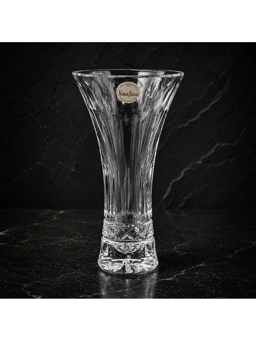 Vintage Neiman Marcus 24% Lead Crystal Vase Hand Cut Poland Original Box - 7"